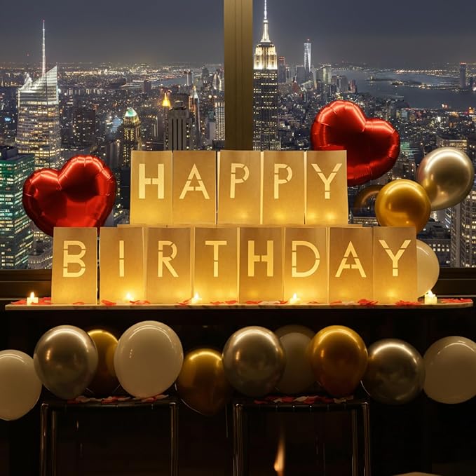 Happy Birthday Decorations for Women and Men - Surprise Set with Light Up Letters Sign Luminary Paper Bags, 30 LED Tea Light Candles, Red Heart Balloons, 1000 Red & Pink Artificial Rose Petals