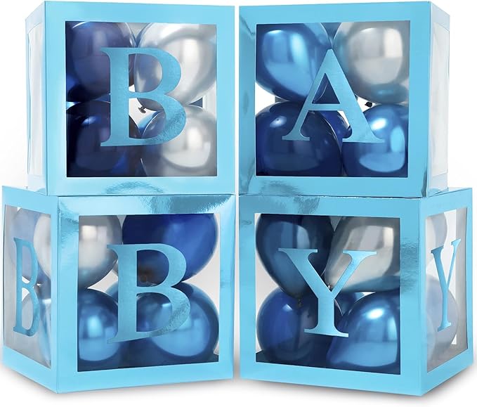 44-Piece Baby Shower Decorations for Boy or Girl - 4 Boxes with Letters and 32 Balloons - Royal Navy Blue and White - Gender Reveal Party Supplies - Photo Shoot Backdrop