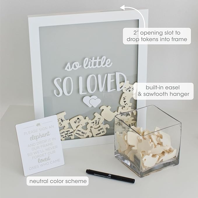 Pearhead So Little So Loved Wooden Elephant Token Frame, Baby Shower Signature Guest Book Alternative with 65 Wooden Tokens, Gender-Neutral Nursery Keepsake Decor, Gray and White