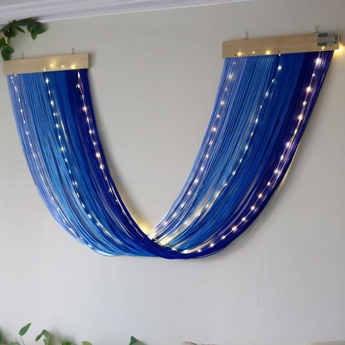 Macrame Fairy Lights Battery Operated with Remote & Timer, Blue Gradient | Handwoven Wall Hanging with 20ft 100 LEDs Warm White Timer String Lights for Bedroom,Living Room,Party,Wedding,Christmas Deco