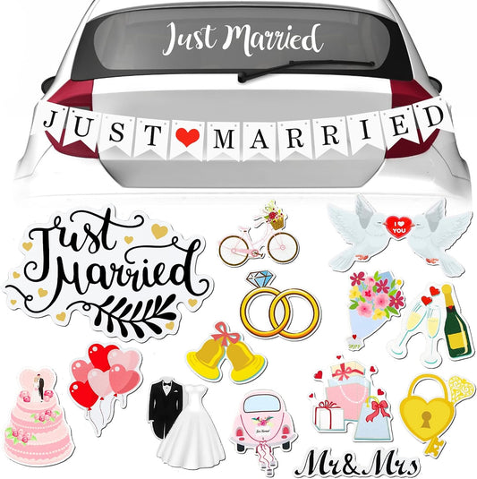 16 Pcs Just Married Car Decorations Include 14 Assorted Ornate Car Magnets Just Married Window Decal and Cardstock Sign Banner Wedding Decorations for Bridal Shower Honeymoon Photo Props