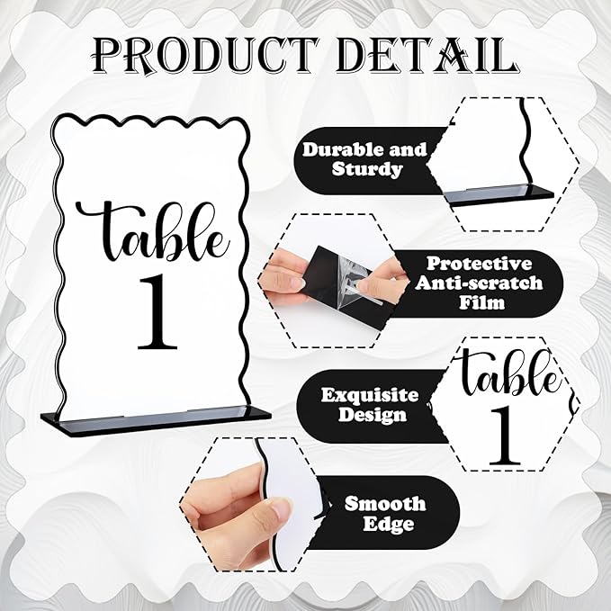 Black and White Wave Acrylic Table Number 1-20 with 20Pcs Stands, 5"x7" Table Centerpiece Decor for Indoor Outdoor Birthday Baby Shower Wedding Bridal Shower Anniversary Party Reception