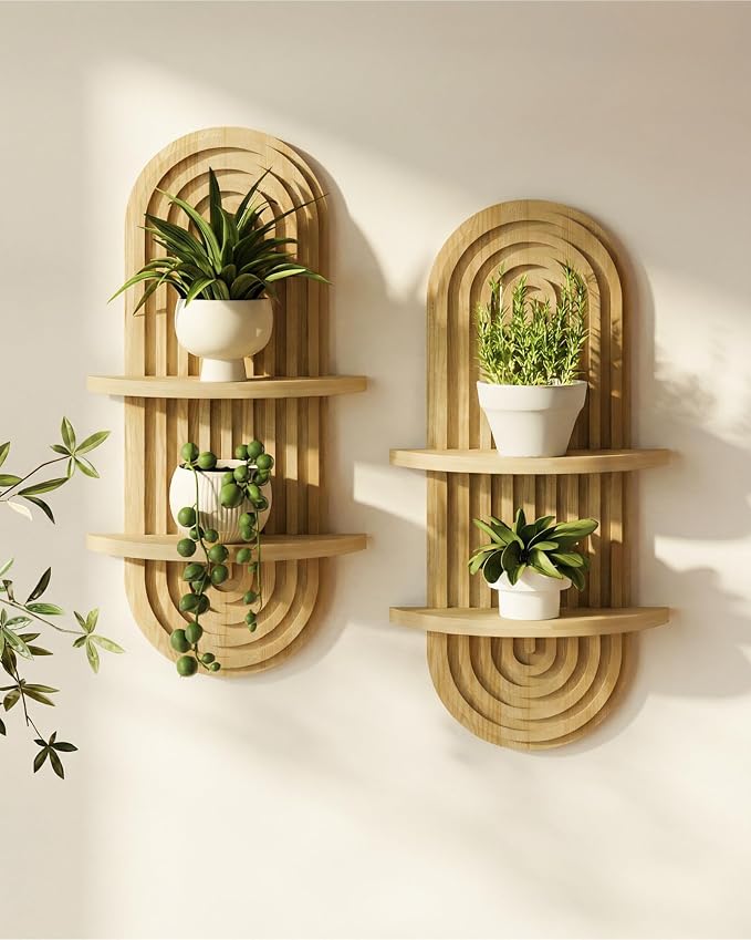 Bamworld Boho Wall Decor 2pcs Plant Wall Shelf, Mid Century Modern Decor Hanging Plant Shelf, 2-Tier Wooden Floating Shelves for Home, Bathroom Bedroom Living Room Holding Planter Decoration Natural
