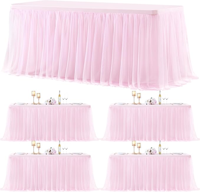 4 Pack Pink Table Cloth for 6 Foot Rectangle Tables, Pink Stretch Fitted Tulle Table Covers Skirt, Rectangular Ruffle Tutu Tablecloth Wedding Banquet Baby Shower Cake Tablecloths Decorations