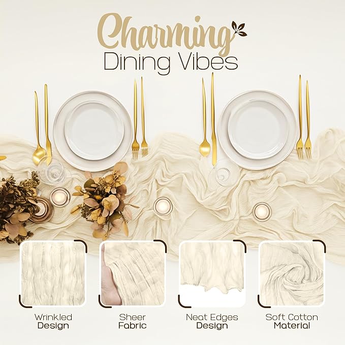 12 Pack Beige Cheesecloth Table Runners 10FT Long – 35 x 120 Inch Boho Gauze Table Runners for Engagement, Wedding, Baby Shower & Home Decor – Soft Wrinkled Polyester Fabric