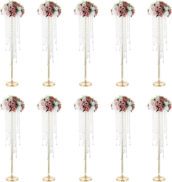 NUPTIO Gold Vases for Centerpieces Wedding - 10 Pcs 39.4in Tall Vase Chandelier Centerpiece for Tables - Flower Stand Bulk for Weddings