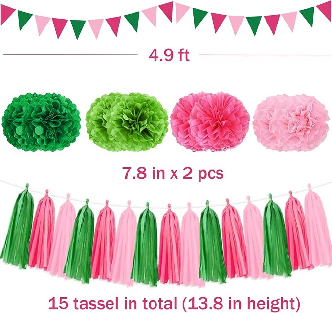 Witch Theme Party Decorations Set Colored Pink and Green Birthday Party Hanging Paper Fan Tissue Pom Poms Streamers Summer Party Supplies Tassel Garland Banner