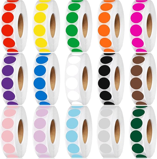 Gersoniel 22500 Pcs 3/4 in Round Color Coding Labels Roll Adhesive Solid Colors Dot Stickers Assorted Colored Circle Dot Label for Back to School Inventory Organize File Classification, 15 Colors