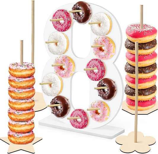 5 Pcs Donut Stand Set, Doughnut Party Supplies Include 1 Pc Digit Donut Wall Display Stand, 4 Pcs Doughnut Wall, for Birthday Wedding Baby Shower Party (White number 8)