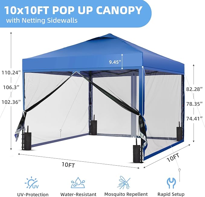 GDY 10x10 Pop up Canopy Tent with Mosquito Netting, Easy up Gazebo for Patio, Camping and Garden, Includes 4 Sandbags, Blue
