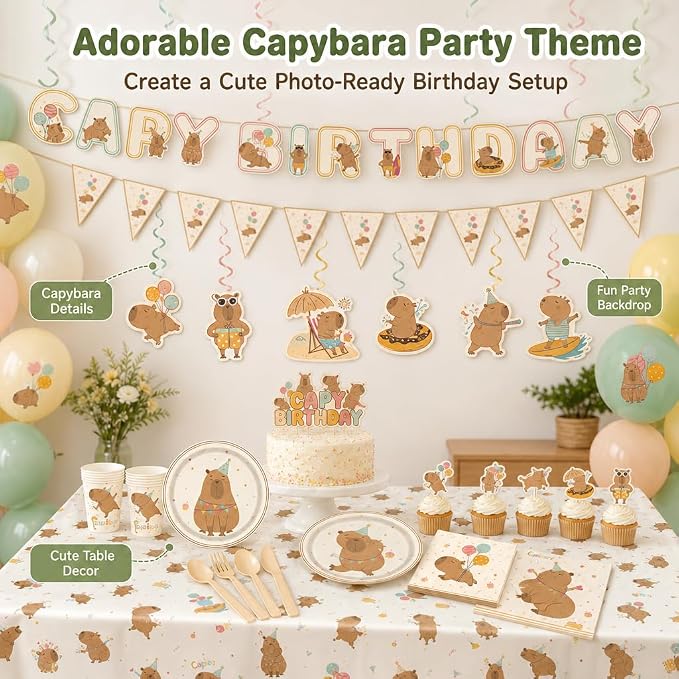 120 PCS Capybara Birthday Party Supplies for 10 Guests, Cute Animal Theme Decorations and Tableware Set with Banner, Balloons, Plates, Cups, Napkins, Cutlery, Tablecloth, and Toppers