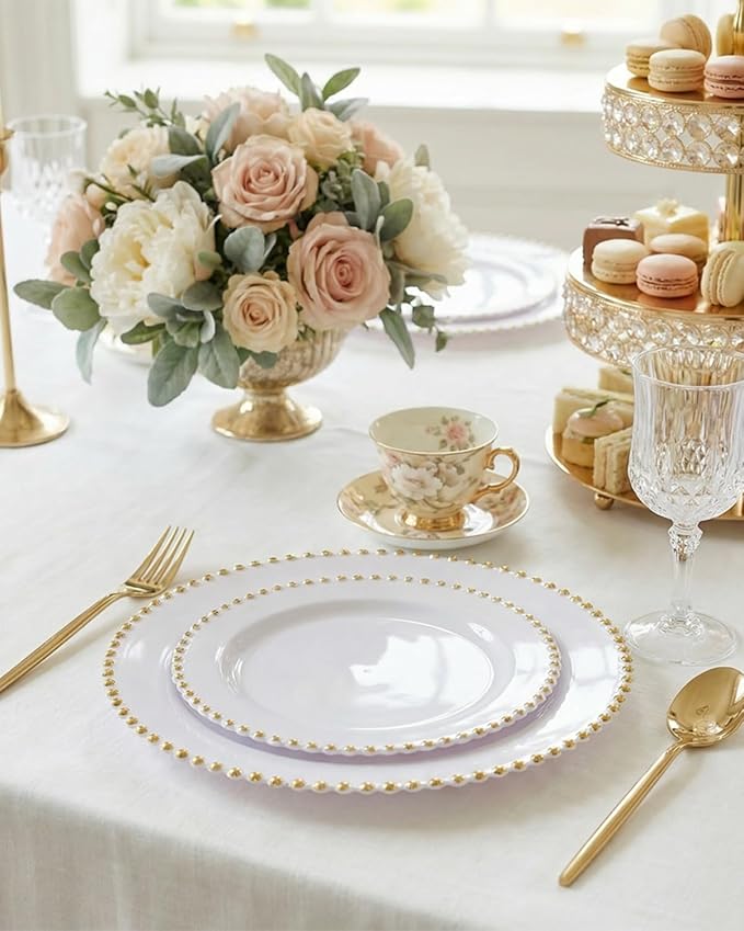 supernal 180Pcs White and Gold Dinnerware Set,Premium Heavy Duty White Plastic Plates with Gold Beads,White Disposable Plates with Plastic Silverware and 10oz Cups for Wedding/Party/Valentine's Day