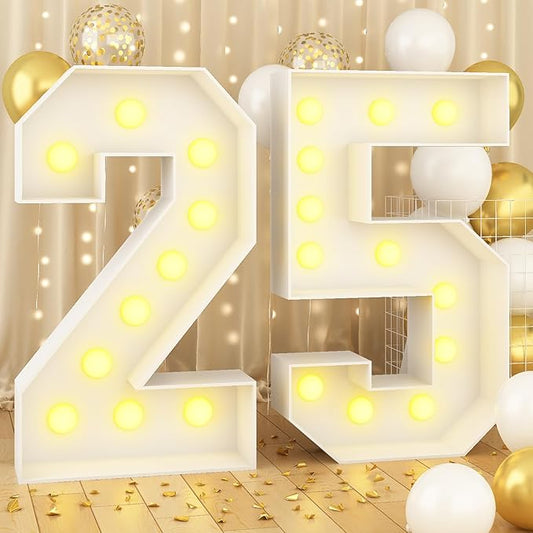 4ft Light Up Numbers 25 Number with Lights Bulbs White Marquee Frame Slots-in for 25th Birthday Party Decorations Pre-Cut Mosaic Cardboard Large Cut-Out Thick Foam Board 25 Sign Graduation New Year