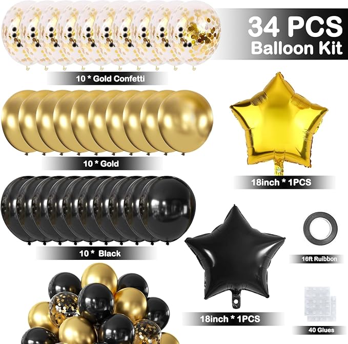 Gold Black Birthday Decorations, Happy Birthday Banner, Backdrop, Balloons, Honeycomb Balls, Star Foil Balloons, Stars Hanging Swirls & Cake Topper for Baby Boys Girl Men Women Birthday Decoration