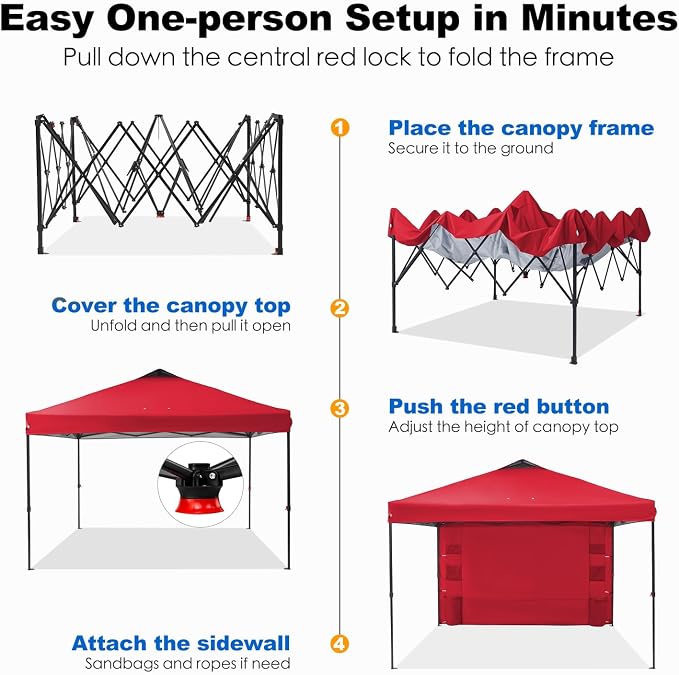 GAFETE 10×10 Pop Up Canopy Tent with 1 Pockets Sidewall, Easy up Sun Shade with One Push Setup, Portable Instant Outdoor Canopy Tent for Events Parties Camping with Carrying Bag (Red, 10x10 FT)