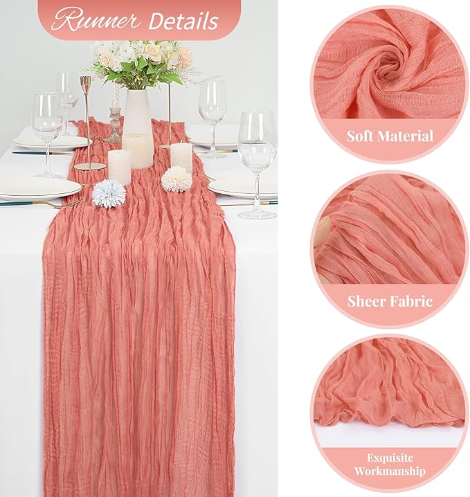 20 Pack Coral Cheesecloth Table Runner 120 Inch 10FT Rustic Boho Gauze Cheese Cloth Table Runner for Wedding Party Baby Shower Thanksgiving Christmas Decoration