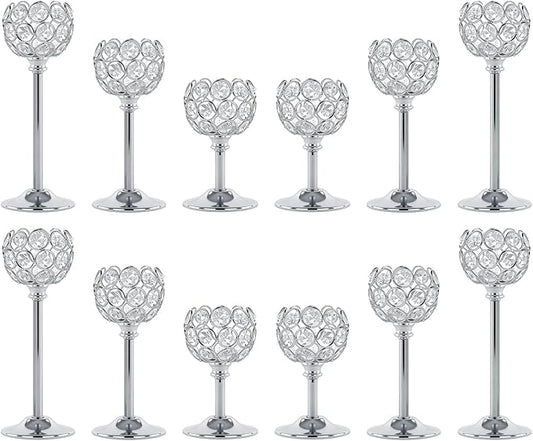 Crystal Candle Holders 4 Set of 12 - Sliver Vintage Hollow Ball Candle Stand for Table Centerpiece, Crystal Metal Tealight Candlestick for Wedding, Dining Room Decor