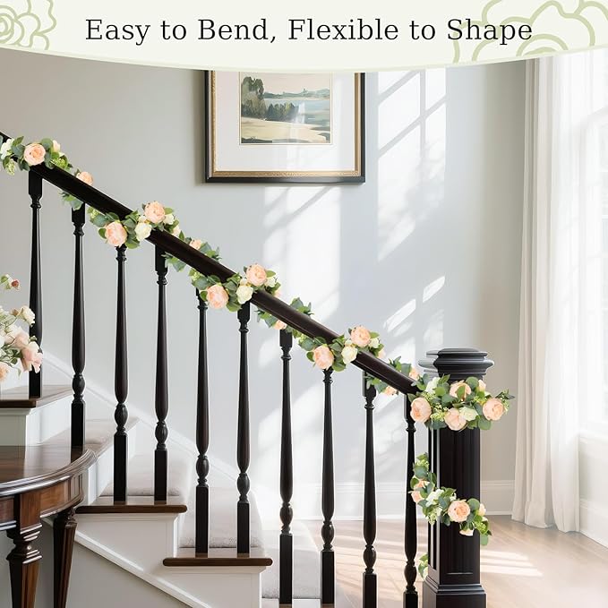 Lewondr Artificial Eucalyptus Garland with Flower - 4 Rose 4 Peony, 6FT Faux Floral Greenery Garlands Fake Flowers Vines, Maintenance-Free for Wedding Table Backdrop Party Room Decor, Mixed Champagne