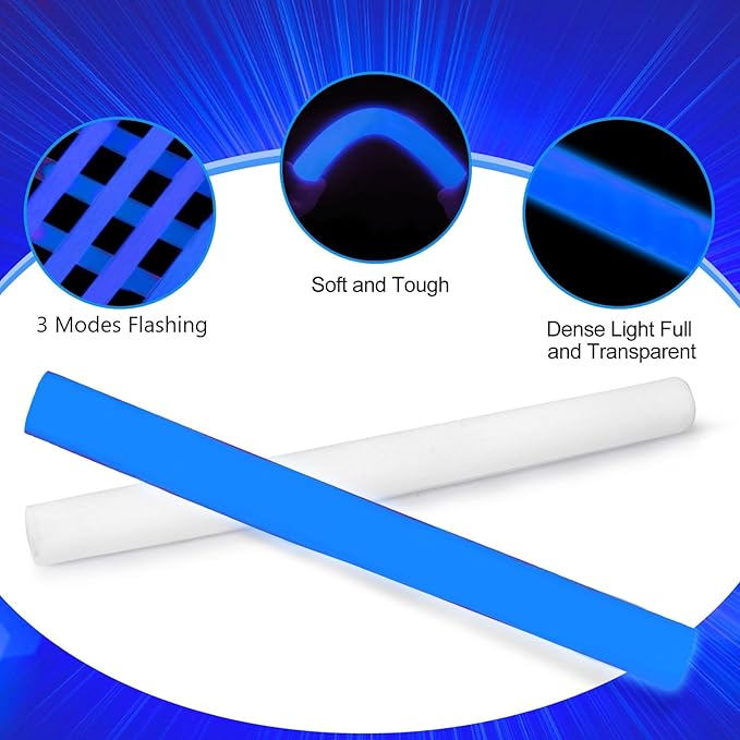 Blue Glow Foam Wands, 36 Pcs Giant LED Light Up Sticks 3 Modes Flashing Baton Wands Party Supplies for July 4th, Raves,Concert,Birthday, Halloween,Sporting Events