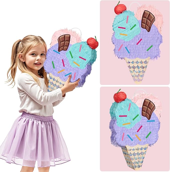 WERNNSAI Ice Cream Piñata - Summer Ice Cream Party Decorations for Kids Girls Birthday Pink Piñata Game Candyland Sweet Theme Party favors supplies with Bat Blindfold