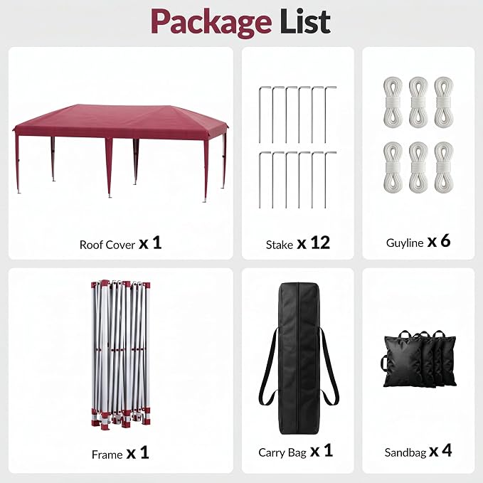 10x20 Pop Up Canopy Without Sidewalls, Instant Tent with Carry Bag, Sandbags, Height Adjustable Waterproof Outdoor Canopy, Outdoor Canopy for Events, Camping, Parties (Red)