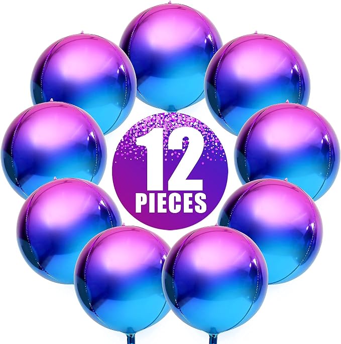 KatchOn, Purple Galaxy Balloons - 22 Inch, Pack of 12 | Round 4D Metallic Iridescent Balloons for Galaxy Birthday Party Decorations | Purple and Blue Balloons for Mermaid Party Decorations