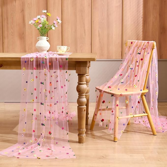 QueenDream Floral Table Runner 10FT Pink Wildflower Table Runners Linens 120 Inch Sheer Gauze Tulle Fabric for Baby Shower Home Wedding Tea Birthday Parties