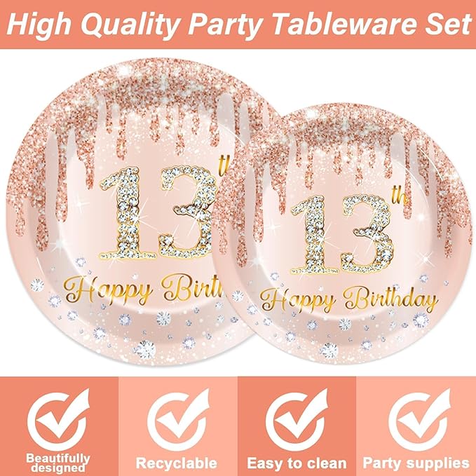 200 PCS Rose Gold 13th Birthday Party Plates Napkins Pink 13th Tableware Set for Happy 13 Years Old Birthday Decorations Dessert Plates Forks Serve 50 Guests for Girls 13 Years Old Party Supplies
