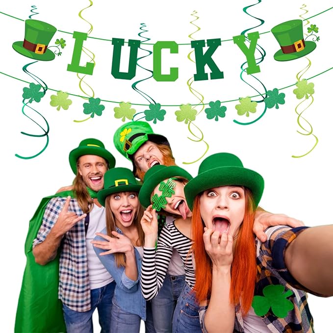 St-Patricks Day Decorations Saint-Patrick's Party Decor - 22pcs Lucky Banner,Green Shamrock Garland Paper Lanterns, Tissue Pom Poms Honeycomb Balls Flowers Fans Favors Supplies Hugmoon