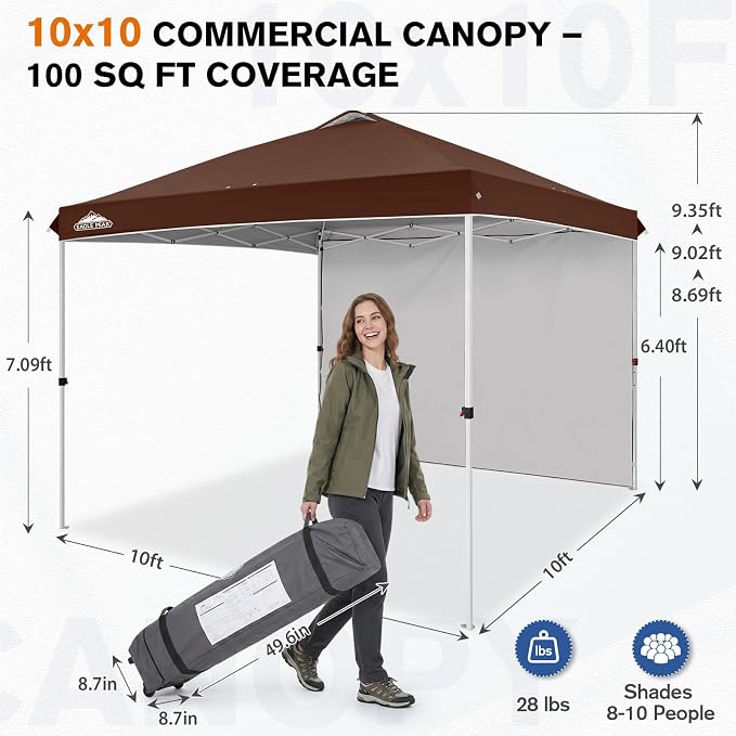 EAGLE PEAK Commercial Canopy 10x10 Pop Up Canopy Tent with 1 Sidewall, Easy Setup Heavy Duty Instant Event Shelter for Vendors & Markets, Outdoor Sun Shade, Dark Brown