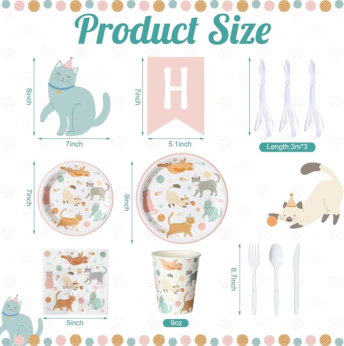 Qinyoung 176 Pcs Cat Birthday Party Supplies Disposable Tableware Set Serves 25 Cute Kitten Themed Paper Plates Napkins Cups Cutlery with Banner for Birthday Decorations