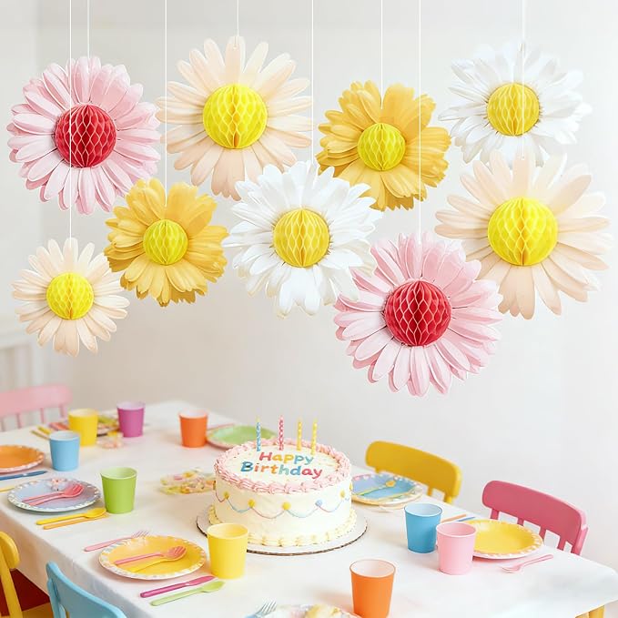 SUNBEAUTY Daisy Flower Hanging Decoration 9Pcs Pink and Yellow Daisy Honeycomb Paper Flower Decorations for Spring Summer Wall Birthday Wedding Classroom Backdrop Garden Tea Party Decor