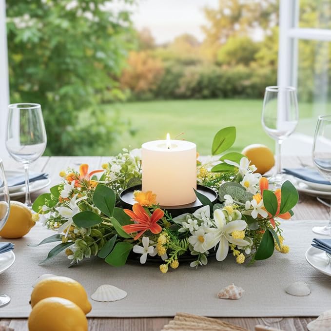 MOYEE Summer Centerpieces for Tables Candle Ring, Black Metal Candlestick with an Artificial Wreaths 14 in Versatile Dining Table Centerpiece Decor (an Orange and White Wreath)