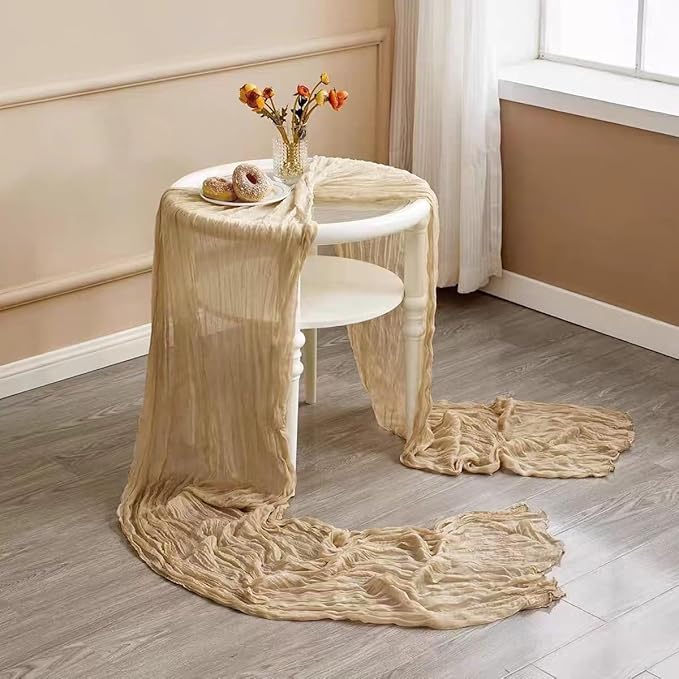 8 Pack 10Ft Beige Boho Gauze Cheesecloth Table Runner Long Wrinkled Sheer Romantic Table Cloths for Wedding Bridal Shower Birthday Party Table Decor