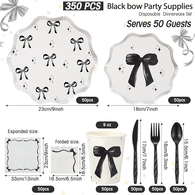 Ziliny 350 Pcs Bow Black Party Supplies Tableware Set Disposable 9'' 7'' Paper Plates 9 oz Cups Cutlery Napkins Dinnerware Set for 1st Birthday, Serve 50 (Bow, Black)