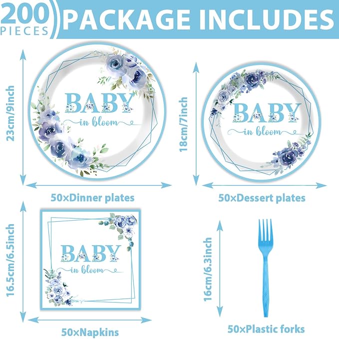 50 Guests Baby In Bloom Baby Shower Decoration Blue Flower Paper Plates Napkins Forks Spring Floral Theme Party Tableware Disposable Party Supplies Favor Plates For Boy Girl Birthday 200PCS