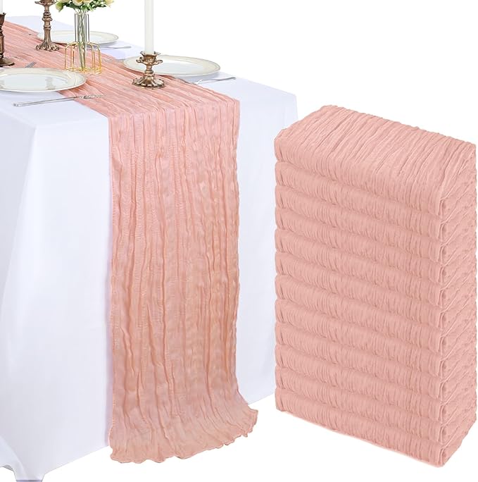 12 Pack 10FT Blush Pink Cheesecloth Table Runner 120 Inch Long Gauze Rustic Boho Spring Cheese Cloth Table Runner Sheer Fabric Decorations for Holiday Party Wedding Banquet Bridal Baby Shower Décor