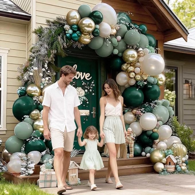 Emerald Green Gold Balloon Arch Kit Double Stuffed Dark Dusty Green Pearl White Sand Latex Balloon Garland for Birthday Baby Shower Wedding Anniversary Graduation Jungle St. Patrick's Day Party