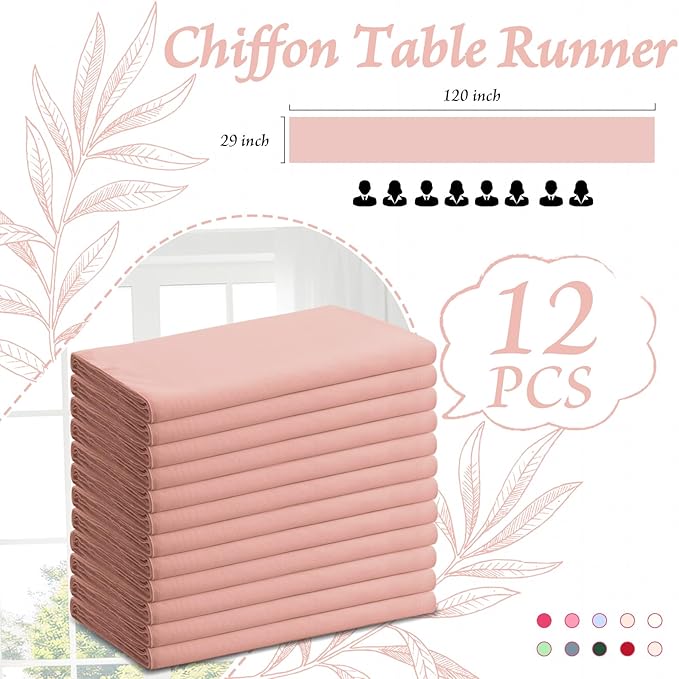 Horbaunal 12 Pack Dusty Rose Chiffon Table Runners 10FT Sheer Chiffon Runner 29x120 Inches Romantic Boho Rustic Table Runner for Wedding Party Bridal Baby Shower Table Decorations