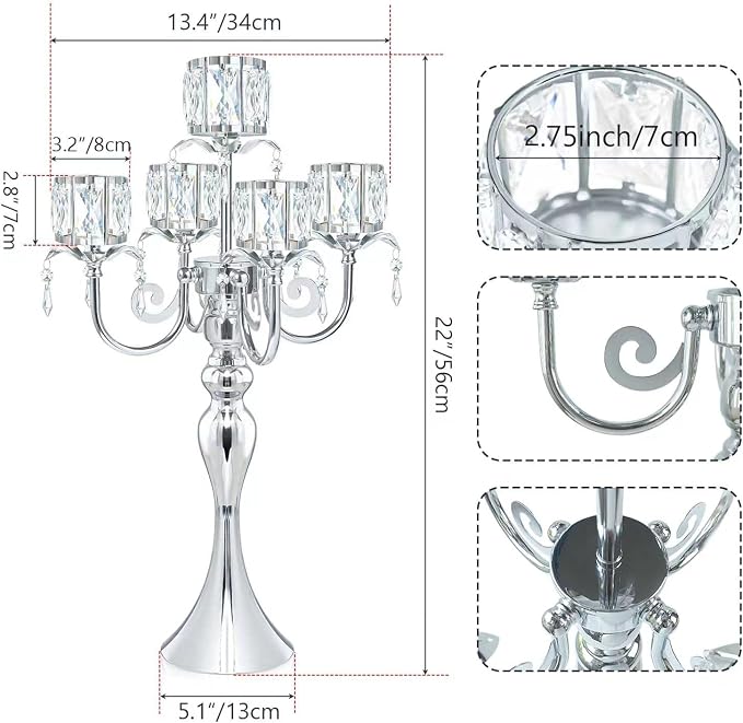 Silver 5 Arm Pendant Square Crystal Candle Holder, 22 Inches Table Decor Classic and Elegant Table Centerpiece Atmosphere Candlestick for Gift Wedding Party Home Decor