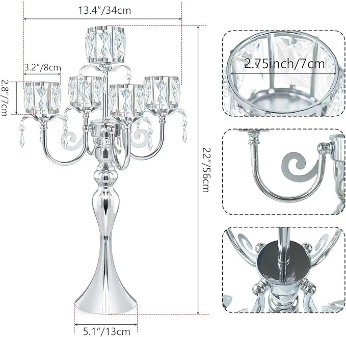 2 Pcs Silver 5 Arm Pendant Square Crystal Table Decor 22 inch Candle Holder, Classic and Elegant Table Centerpiece Atmosphere Candle Holders for Gift Wedding Party Home Decor