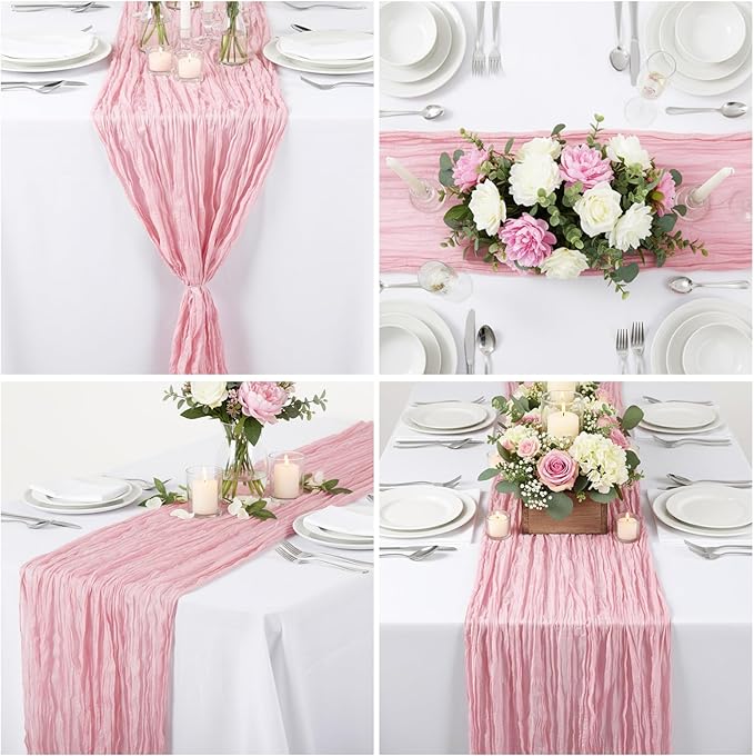 LemonRoad 4 Pcs 20ft Cheesecloth Table Runners Extra Long Boho Rustic Gauze Fabric Cheese Cloth Runner for Wedding Decorations Baby Shower Party Supplies Boho Table Bridal Shower Decor (Dusty Pink)