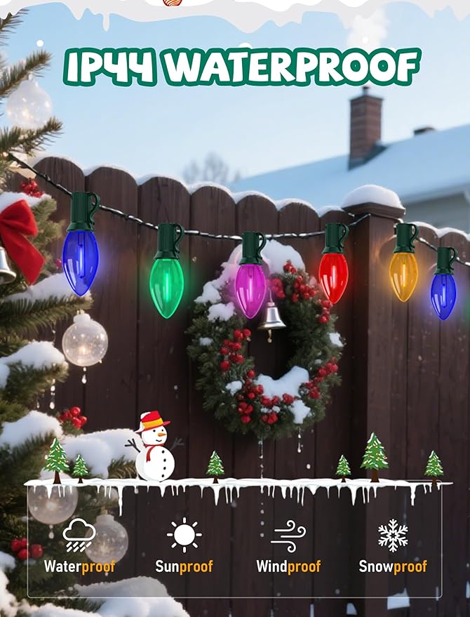 Outdoor C9 Multicolor Christmas Lights, 25Ft Vintage Christmas Lights with 27 LED C9 Bulbs, Extendable Plug in String Lights for Tree Patio Wedding Outdoor Indoor Christmas Decorations