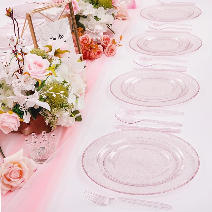WDF 120pcs Pink Plastic Plates Disposable - Clear Pink Glitter Plates including 60PCS Dinner Plates 10.25inch and 60PCS Salad Plates 7.5inch for Wedding Baby Shower Spring Birthday