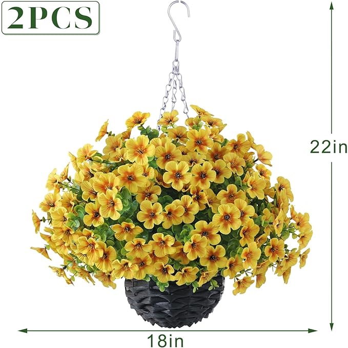 VIERENA 2 Sets Artificial Morning Glory and Eucalyptus Hanging Basket for Outdoor, UV-Resistant Fake Flower Hanging Basket, Suitable for Porch, Aisle, Garden, Patio, Eaves Decor (Yellow)