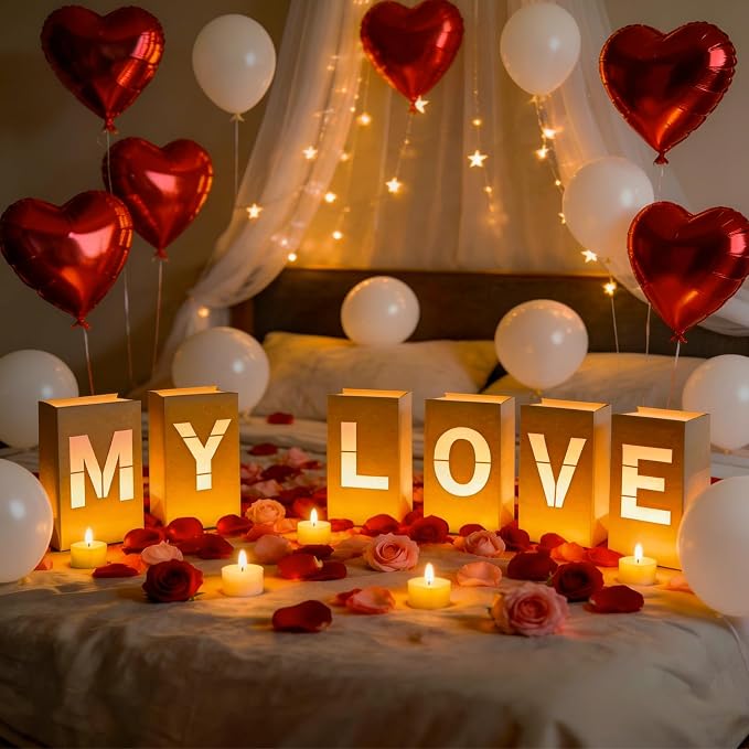 MY LOVE Light Up Letters, with Tea Lights Candles, Rose Petals, Pearlescent Foil Balloons - Luminary Paper Bags, Anniversary Decorations and Valentines' Day Decorations for Your Loved One