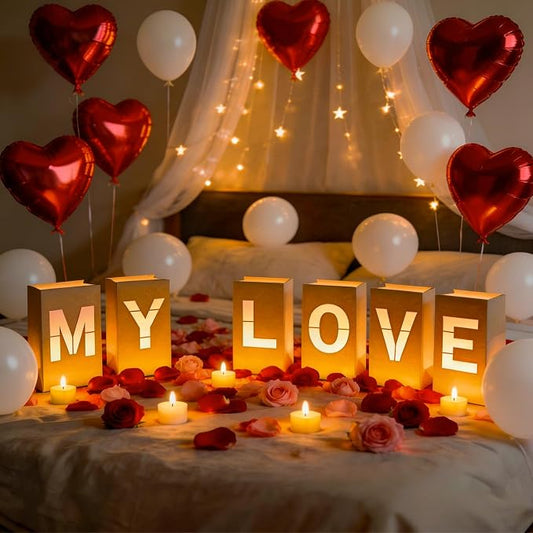 MY LOVE Light Up Letters, with Tea Lights Candles, Rose Petals, Pearlescent Foil Balloons - Luminary Paper Bags, Anniversary Decorations and Valentines' Day Decorations for Your Loved One