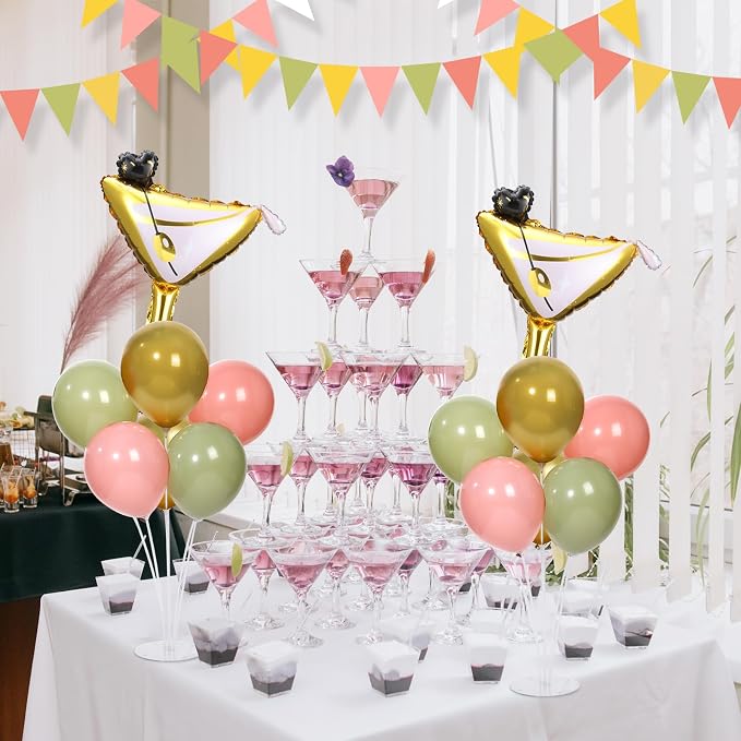 Martini Birthday Party Balloons Stand Kit 2 Sets With 2 Martini Glass Ball Foil Balloons Centerpiece for Tables for Women Girls Birthday Baby Bridal Shower Bachelorette Wedding Decorations