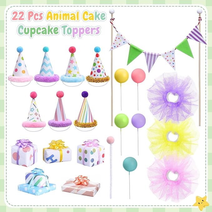 Weysat 22 Pcs Animal Birthday Party Decorations Animal Cake Cupcake Toppers with Mini Hat Gift Box Cake Flag Skirt Lollipop for Jungle Safari Dollhouse Themed Birthday Party Favor Supplies, No Animals