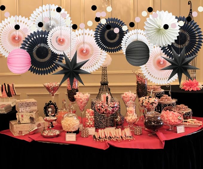 10 Pcs Party Decoration Set, Black Pink White Paper Fans, Honeycomb Balls and Star Lanterns for Halloween, Graduation, Birthday, Baby Shower & Bridal Shower Events